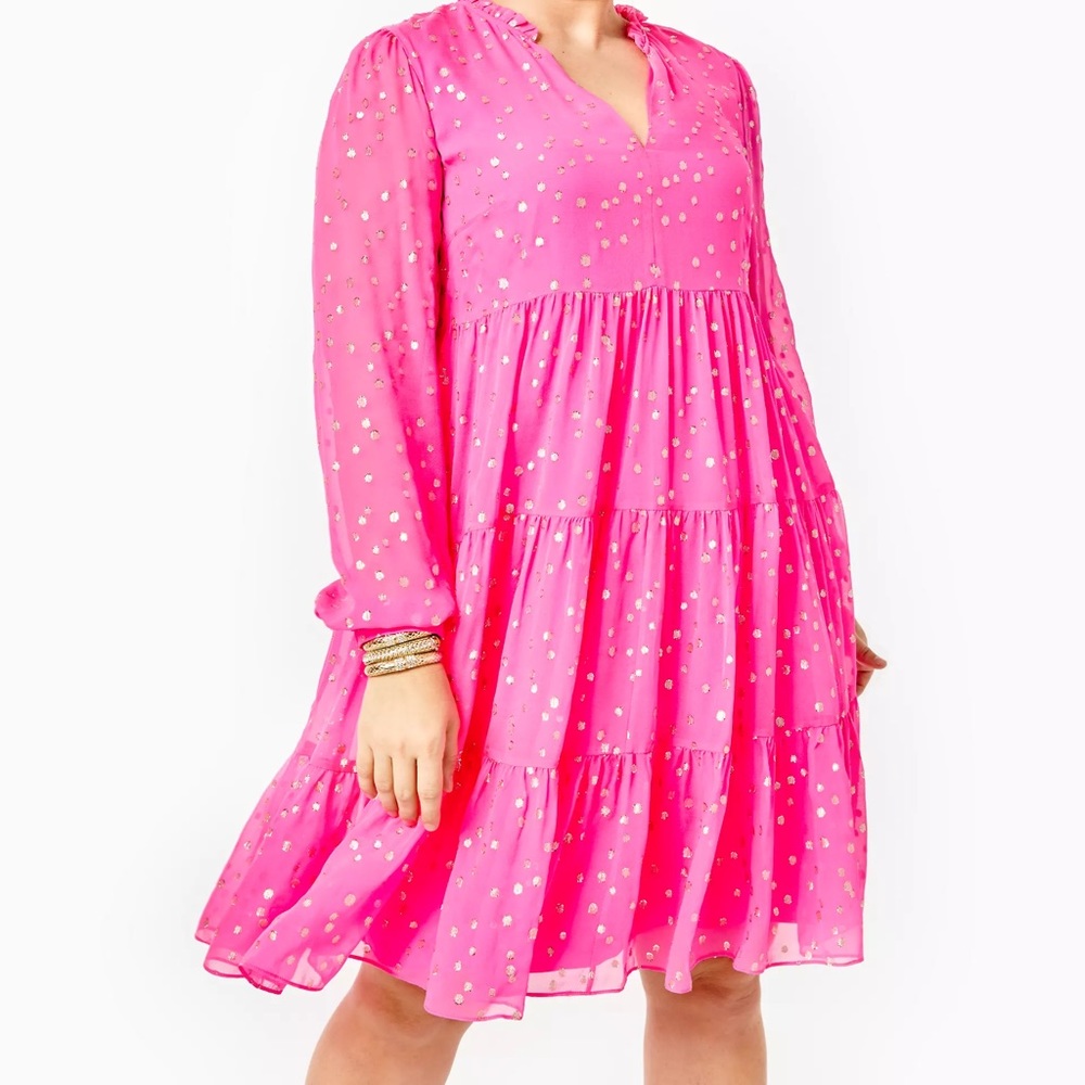 Lilly Pulitzer Hot Pink Tiered Long-Sleeve V-Neck Dress with Gold Dots - Picture 5 of 8